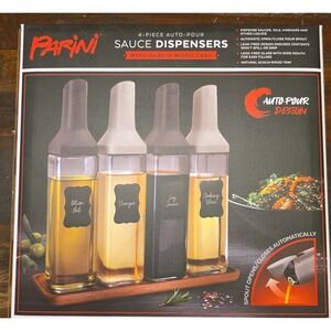 Parini 4 Piece Auto-pour Sauce Dispensers W/Acacia Wood Tray New In Box